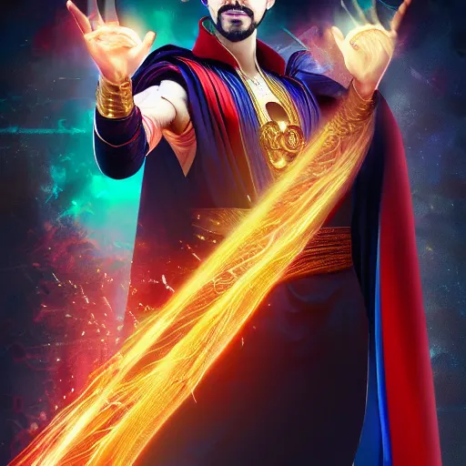 Image similar to a young middle eastern man with a goatie wearing doctor strange custom, movie promotion poster, comic book style, artstation, 4 k