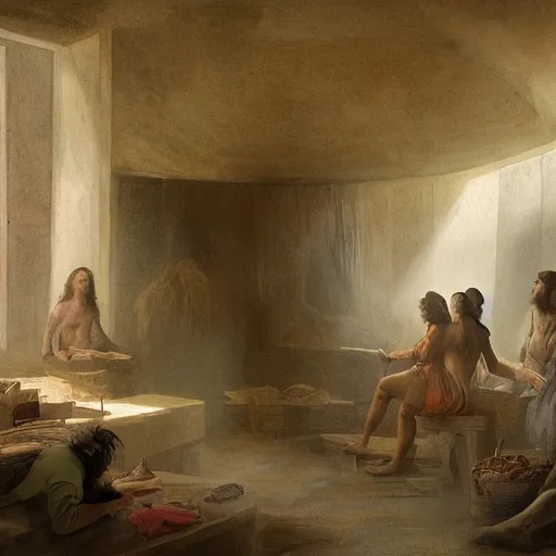 Image similar to isolation chamber of the prehistoric creators, in the style of David Geddes, Élisabeth Vigée Le Brun, dramatic lighting, establishing shot, detailed and clear beautiful realistic faces, 8k resolution – W 1024