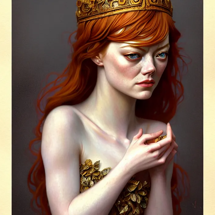 Image similar to ancient queen emma stone, symetrical, diffuse lighting, fantasy, intricate, elegant, highly detailed, lifelike, photorealistic, digital painting, artstation, illustration, concept art, 4 k, smooth, sharp focus, art by john collier and albert aublet and krenz cushart and artem demura and alphonse mucha