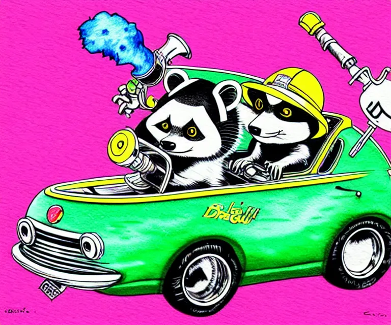 Prompt: cute and funny, racoon smoking a bong wearing a helmet riding in a tiny dragula coupe with oversized engine, ratfink style by ed roth, centered award winning watercolor pen illustration, isometric illustration by chihiro iwasaki, edited by range murata