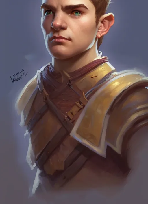 Image similar to symmetry!! oil painting digital art dungeons & dragons facial portrait of a halfling male cleric, with a ponytail, elegant, highly detailed, digital painting, artstation, concept art, sharp focus, illustration, art by artgerm and greg rutkowski and alphonse mucha