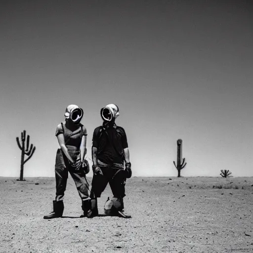 Prompt: two people wearing gasmasks, tubes, in desert, industrial, dystopian, arriflex 35