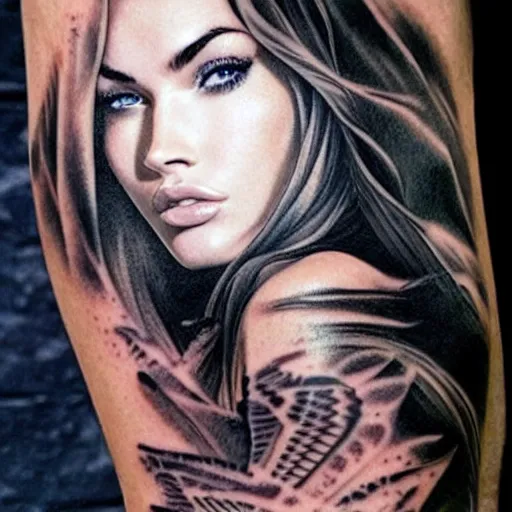 Image similar to hyper realism tattoo sketch of megan fox face professional double exposure art with beautiful mountain scenery, in the style of matteo pasqualin, amazing detail, sharp, faded