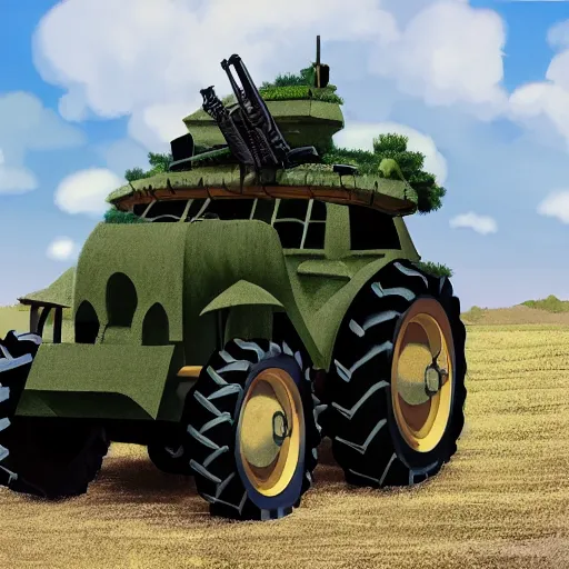 Prompt: heavily armored tractor with weapons by studio ghibli