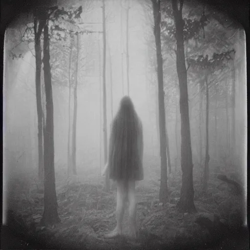 Image similar to an ancient evil-girl on a mysterious fractal forest, mist, 1910 polaroid photography, grainy film, Black and white