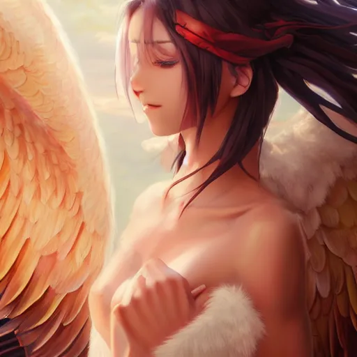 Image similar to an oil painting of a beautiful anime girl with angel wings, by artgerm, wlop and greg rutkowski, hd, hdr, ue 5, ue 6, unreal engine 5, cinematic 4 k wallpaper, 8 k, ultra detailed, high resolution, artstation, award winning