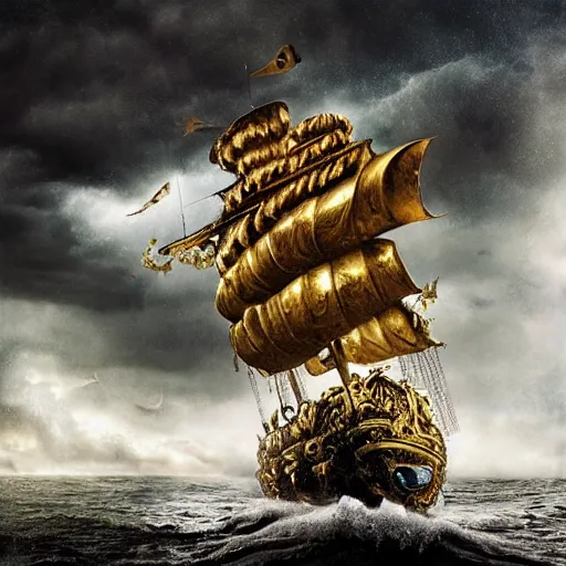 Image similar to Extremely detailed photo-realistic Beautiful Pirate Golden Galleon encrusted with gold and gems flying the JollyRoger flag, by erik johansson in a stormy sea