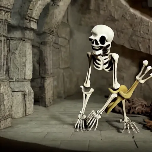 Image similar to skeleton character does his victory dance in the dungeon, claymation, stop motion, dimly lit, highly detailed