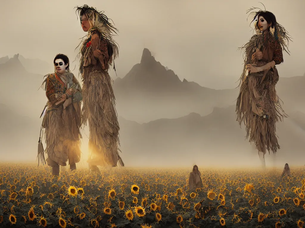 Prompt: a portrait of the mighty helianthus people, a nomadic mongolian tribe that worship the sunlight and have the ability to fly, they dwell a vast barren valley full of dry withered sunflowers, with a glacier mountain peaking through fog in the distance, by Greg Rutkowski, Sung Choi, Mitchell Mohrhauser, Maciej Kuciara, Johnson Ting, Maxim Verehin, Peter Konig, Bloodborne, macro lens, 35mm, 8k photorealistic, cinematic lighting, HD, high details, atmospheric