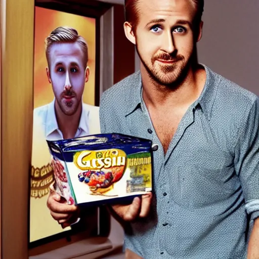 Prompt: Photo of Ryan Gosling feeding an image of Ryan Gosling on a TV some cereal! Its the Ryan Gosling meme haha!