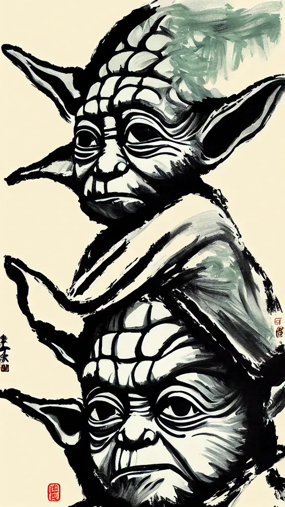 Prompt: a portrait of yoda as japanese ink calligraphy. brush strokes. harsh ink lines. color harmony, 8 k detail, gallery quality, hd wallpaper, premium prints available, hyper - detailed, intricate design.