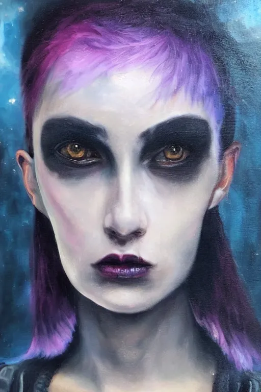 Image similar to hyperrealism oil painting, close - up portrait of punk gothic medieval brunette fashion model, knight, steel gradient mixed with nebula sky, in style of baroque