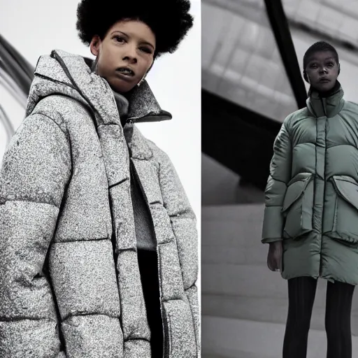 Image similar to realistic photoshooting for a new acne studio lookbook, color film photography, close up, model is wearing a puffer jacket, photo of a woman, photo in style of tyler mitchell, 3 5 mm, vetements, balenciaga, commes des garcon