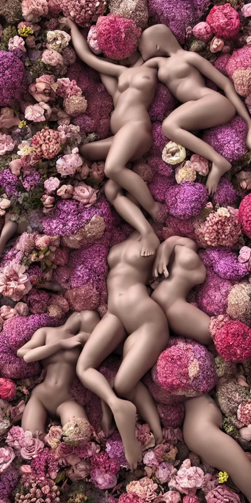 Prompt: a sculpture of human bodies intertwined, a lovely cornucopia of flowers and human body parts, body parts, highly detailed, octane render, cinematic