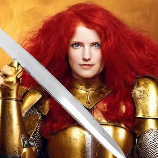 Image similar to a tall, red - haired female knight wearing golden armor with a long left arm golden prothesis, she wields a long golden blade