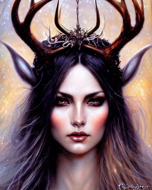 Prompt: a female sorceress with antlers by karol bak and vargas, beautiful detailed eyes, cute, fantasy, intricate, elegant, highly detailed, digital painting, 4 k, hdr, concept art, detailed jewelry, smooth, sharp focus, illustration, art by artgerm