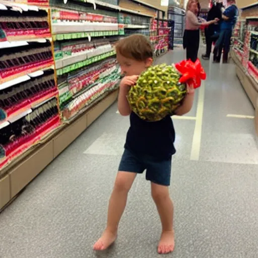 Image similar to realistic photo of rowan aktinson stealing a pineapple from target