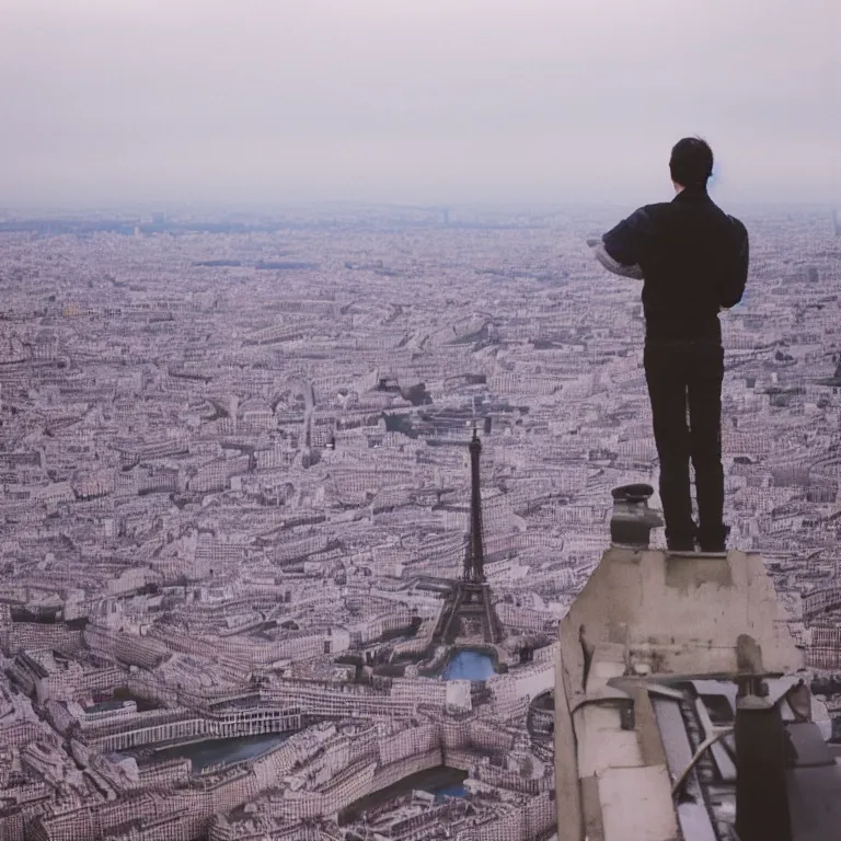 Prompt: photograph of a guy standing on top of the eiffel tower, portra 8 0 0