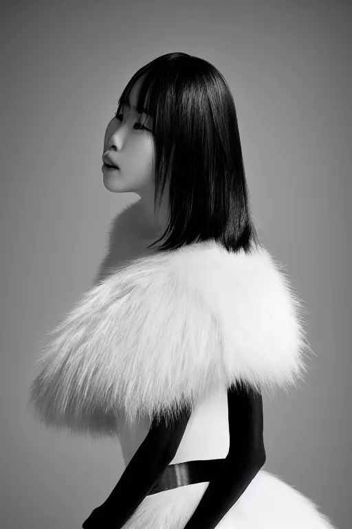 Prompt: full body aesthetic photograph of a beautiful young japanese woman in a furry white cocktail dress, by Nick Knight, realistic, photorealistic, HD, 4k resolution