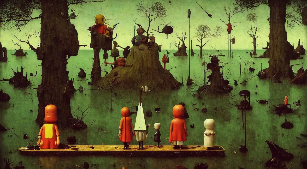 Image similar to single flooded simple!! doll totem!! pole, very coherent and colorful high contrast masterpiece by norman rockwell franz sedlacek hieronymus bosch dean ellis simon stalenhag rene magritte gediminas pranckevicius, dark shadows, sunny day, hard lighting