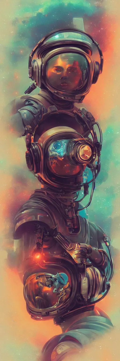 Prompt: a poster design of a cyberpunk astronaut wearing headphones in space, universe, cyberpunk, warm color, Highly detailed labeled, poster, peter mohrbacher, featured on Artstation