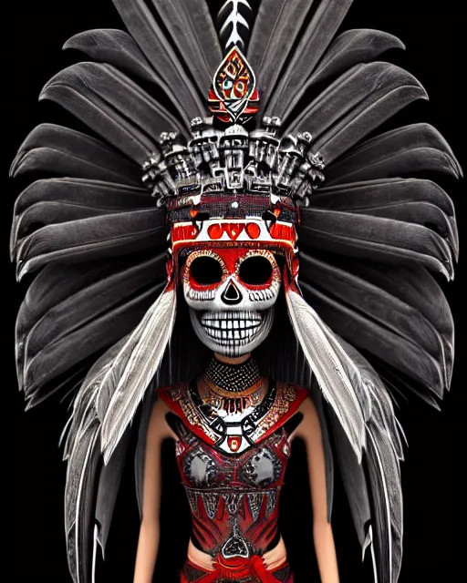 Prompt: character design, aztec warrior goddess with beautiful skull face, crown of very long feathers, full body, glowing aztec tattoos, beautiful, dark fantasy by hr giger