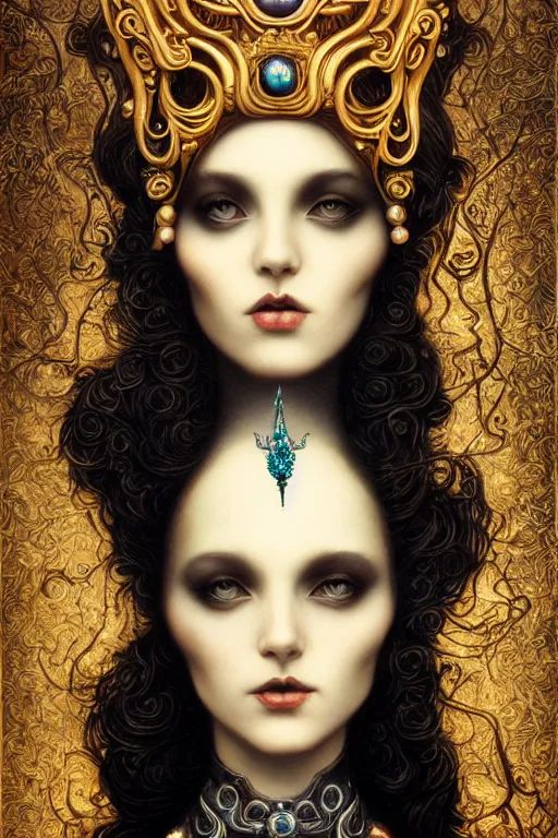 Prompt: black Crown with iridescent pearls, jewels, other worldly, art nouveau, by Anato Finnstark, Tom Bagshaw, Brom