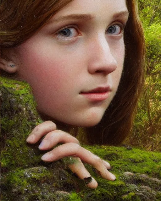 Image similar to a well - lit, realistic close - up portrait painting of a thoughtful girl resembling a young, shy, redheaded irish alicia vikander or millie bobby brown in moss - covered ancient stone ruins at sunset, highly detailed, intricate, concept art, artstation, by donato giancola, ron cobb, and artgerm