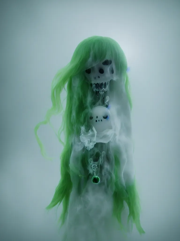 Prompt: cute fumo plush smiling ectoplasmic gothic macabre green jellyfish ghost girl, glowing milky wisps of hazy smoke and volumetric fog, lens flare, subsurface scattering, vignette, asymmetry, bokeh, refraction, vray