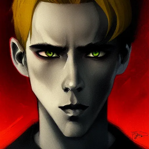 Prompt: headshot portrait of male anime character extremely sharp jaws slit yellow eyes medium red hair inspired by tom hiddleston by anato finnstark, tom bagshaw, brom