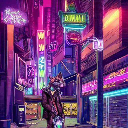 Image similar to beautiful commission digital art portrait commission of an androgynous furry anthro wolf wearing punk clothes in the streets of a cyberpunk city. neon signs. made by zaush, rick griffin, tessgarman, angiewolf, miles df, smileeeeeee, ethrk, fa, furraffinity