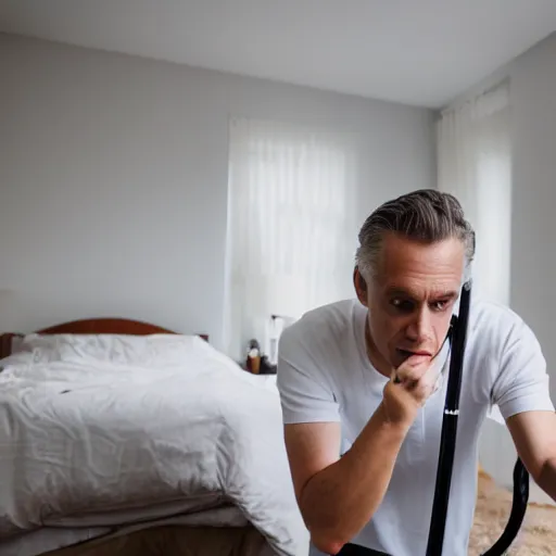 Prompt: jordan peterson cleaning his room, 85mm f/1.3