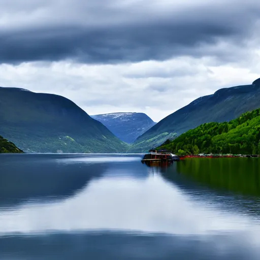 Prompt: A photo of a fjord in Norway. The sky is completely clear of clouds. Hyper realistic, 8k.