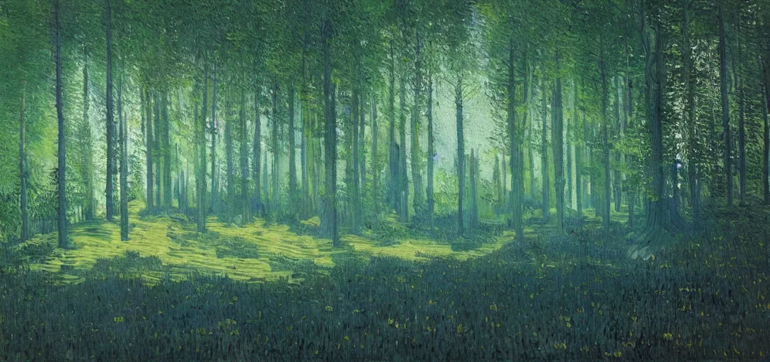 Image similar to “ ethereal, a pine forest growing on water surface, background of flowery hill, bokeh, beautiful shadows, soft, dreamy, beach sand viable in corner, realistic oil painting by van gogh, gustave dore, volumetric lighting, concept art. ”