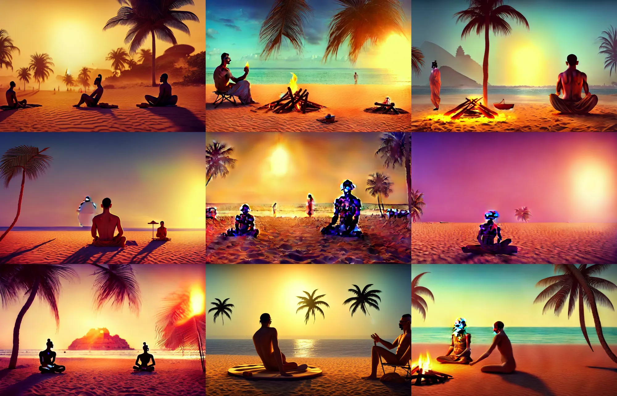 Prompt: gandhi at the beach sitting on the sand next to a campfire with palm trees in the back, gloomhaven, matte painting concept art, art nouveau, beautifully backlit, swirly vibrant color lines, fantastically gaudy, aesthetic octane render, 8 k hd resolution