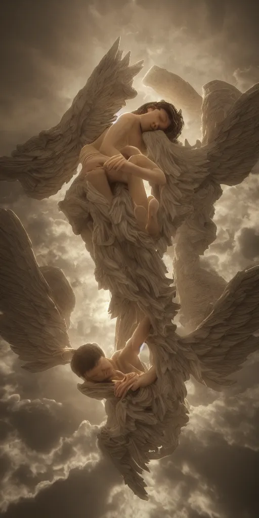 Prompt: intricate concept image of jacob sleeping dreaming angels going up and down in a ladder from earth to heaven, hyper realistic, ultra detail, octane render, cinematic, artstation