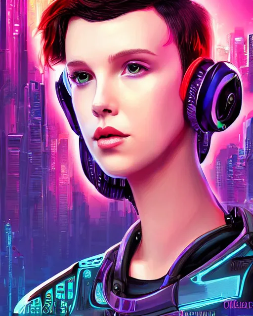 Image similar to cyberpunk millie bobby brown as a robot by rossdraws