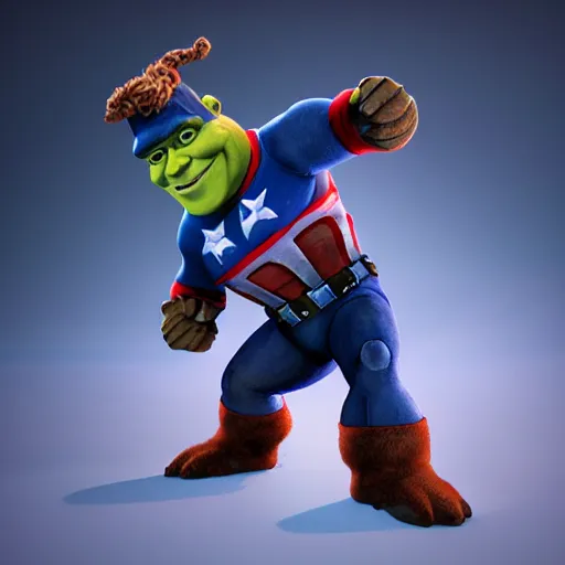 Image similar to digital painting of Shrek as Captain America, octane render, volumetric lightening, by marvel