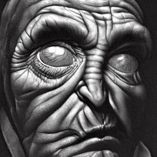 Image similar to a webspace telescope image photograph of evil, satan, the creator of evil, eyes wide, sunken face, deep wrinkles!, frown!, light behind, cinematic lighting, face shown, with intense chiaroscuro lighting perfect composition, scary, award winning photograph, the original conscious, mean look, a cold face, terrifying, hate, cold