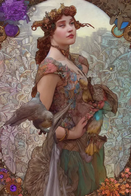 Prompt: zoomed in 3 d render of english princess holding birds, ornaments, mucha vibe, dieselpunk, solarpunk, artstation