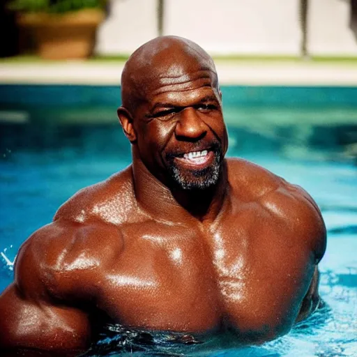 Prompt: terry crews swimming in a pool, the pool is made of salsa, cinematic lighting