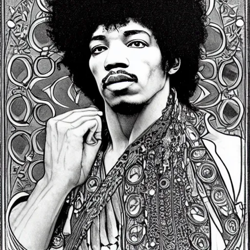 Prompt: artwork by Franklin Booth and Alphonse Mucha showing a portrait of Jimi Hendrix