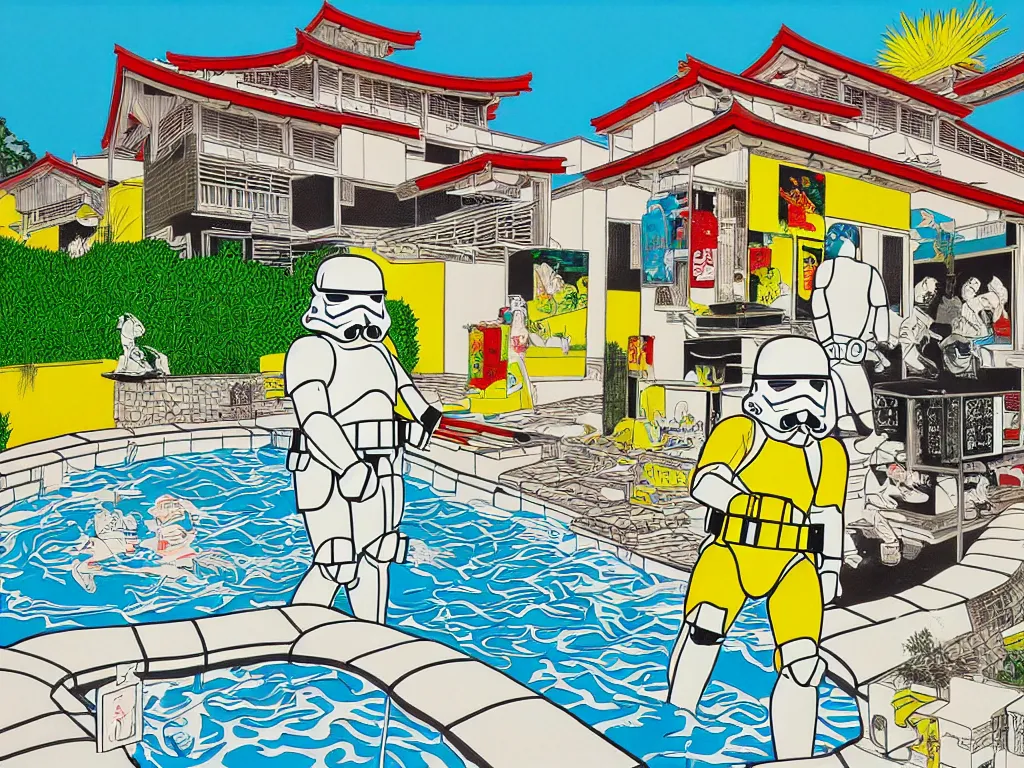 Image similar to hyperrealism composition of the japanese house with a hot springs in the garden, detailed stormtrooper in hot springs, pop - art style, jacky tsai style, andy warhol style, roy lichtenstein style, acrylic on canvas