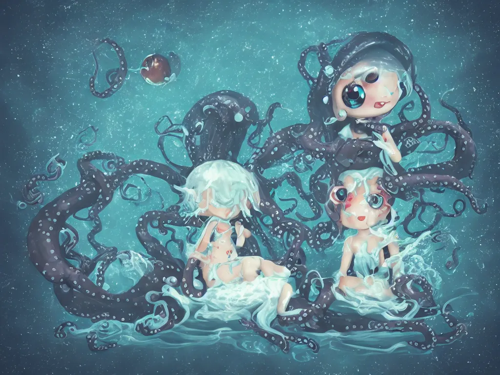 Image similar to cute fumo plush gothic octopus maiden alien girl swimming in the waves of the dark galactic abyss, tattered ragged gothic dress, ocean waves and reflective splashing water, vignette, vray