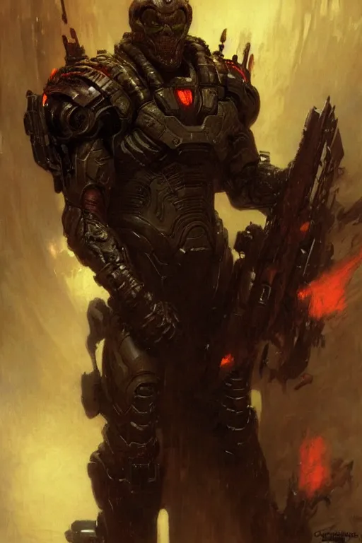 Prompt: willem dafoe as the doom marine portrait dnd, painting by gaston bussiere, craig mullins, greg rutkowski, yoji shinkawa