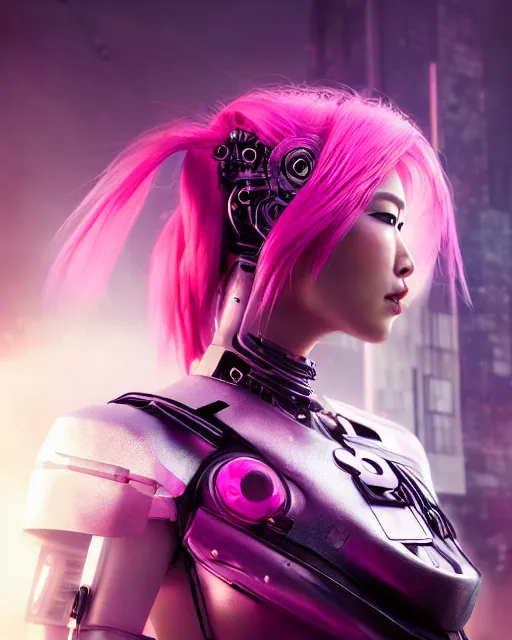 Image similar to portrait of a beautiful asian woman with pink hair as a cyberpunk cyborg half robot, sci - fi, missing panels, intricate abstract upper body intricate artwork, concept art, octane render, deviantart, cinematic, key art, hyperrealism, iridescent accents, portrait photograph, nikon 3 5 mm, photograph by greg rutkowski