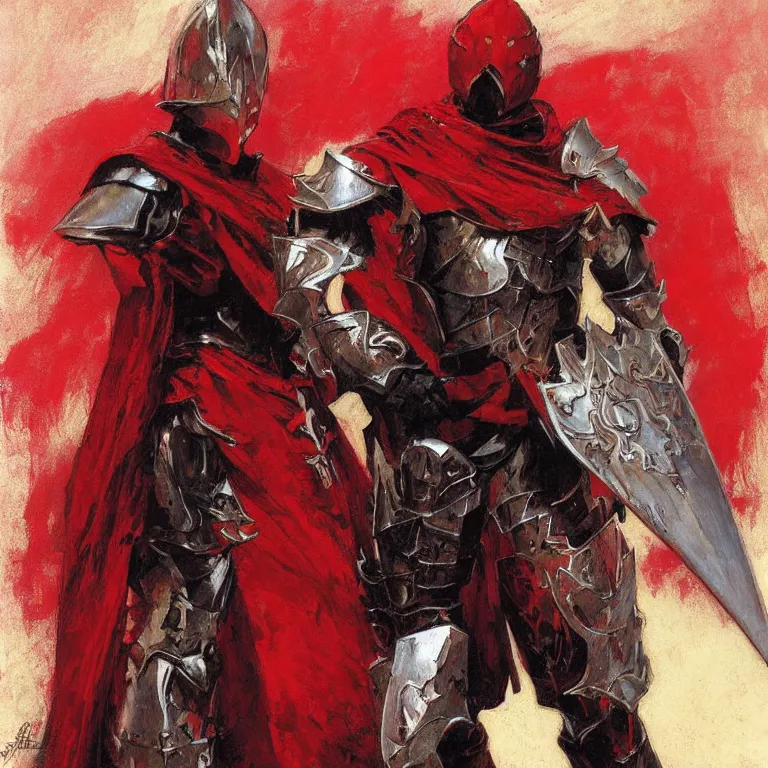 Image similar to crusade paladin in red and black armor painting, henry asencio, craig mullins, alphonse mucha, greg ruthowski