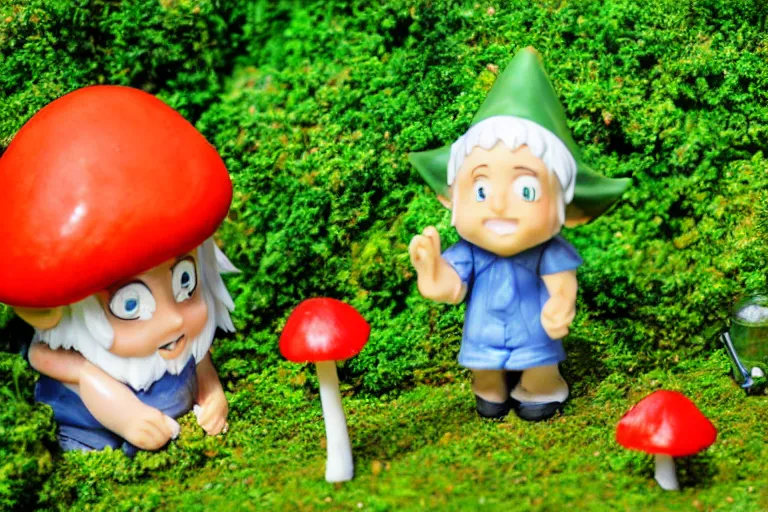 Prompt: anime gnome on doorstep of mushroom house, under lush green plants and flowers, hyper realism, macro shot, blue sky, sunny