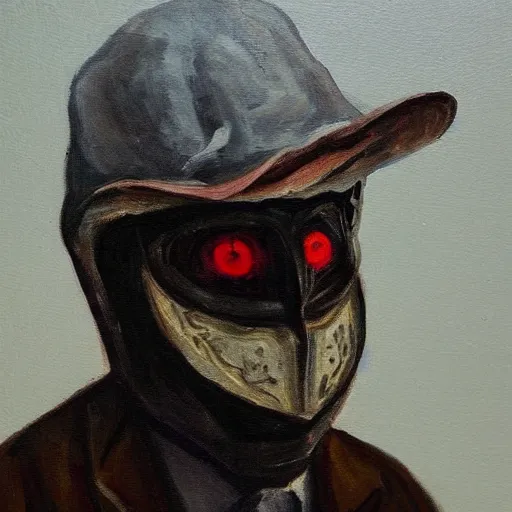 Prompt: a painting of an old man wearing a scary mask