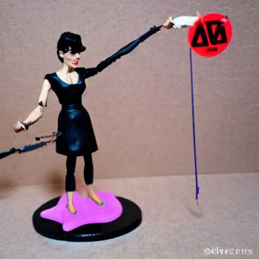 Prompt: audrey hepburn cos play, professional dog walker, stop motion vinyl action figure, plastic, toy, butcher billy style